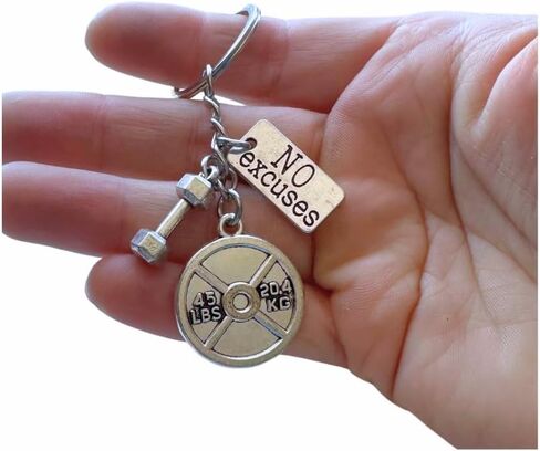 45 Lbs Weightlifting plate + Small Dumbbell + Motivational tag (No excuses, Beast, Mind Over Matter, etc) Silver Keychain. in Saudi Arabia