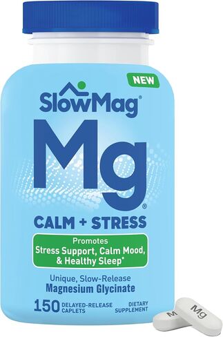 SlowMag Magnesium Glycinate Caplets, 100 Count, Slow-Release, Calm & Stress Support, Healthy Sleep, Gentle on Stomach, Magnesium Glycinate Supplements for Women & Men in Saudi Arabia