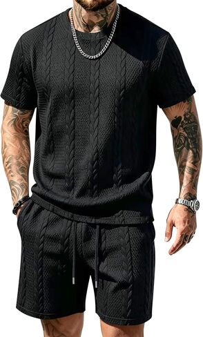 Babioboa Men's Short Sleeve Tracksuit Summer T Shirt & Shorts set Striped Jaquard Solid Two Piece Casual Daily Duty-off in Saudi Arabia