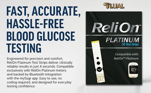 Relion Platinum Test Strips 50 Count. Compatible with ReliOn Platinum Meter, Testing Blood Glucose, Bundle with 45 Diabetes Decoded eBook Included in Saudi Arabia