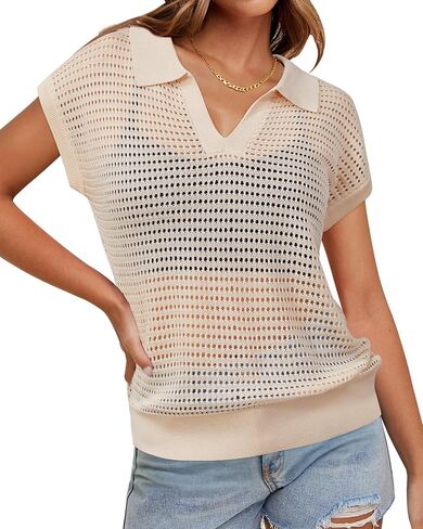Arach&Cloz 2025 Women's Crochet Cap Sleeve Knit Tops Spring Summer Shirts Lightweight Collared Hollow Out Casual Blouses in Saudi Arabia