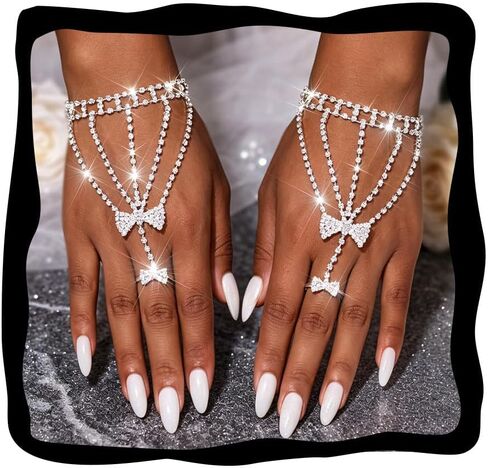 GORTIN Rhinestone Gloves Silver Butterfly Fingerless Glove Crystal Prom Wedding Hand Chain for Women in Saudi Arabia