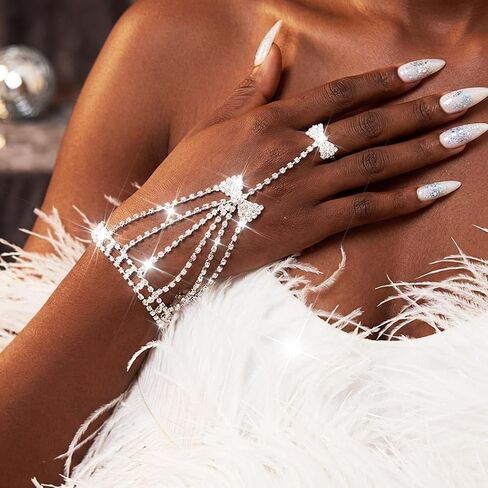 GORTIN Rhinestone Gloves Silver Butterfly Fingerless Glove Crystal Prom Wedding Hand Chain for Women in Saudi Arabia