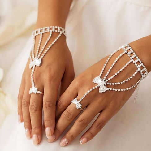 GORTIN Rhinestone Gloves Silver Butterfly Fingerless Glove Crystal Prom Wedding Hand Chain for Women in Saudi Arabia