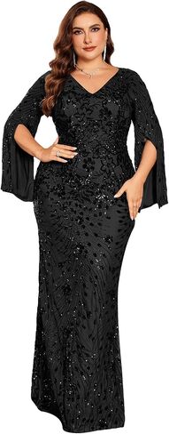 Plus Size Formal Dresses for Women with Embroidery Sequin and Cape Sleeve, V-Neck Maxi Dress for Wedding and Party in Kuwait