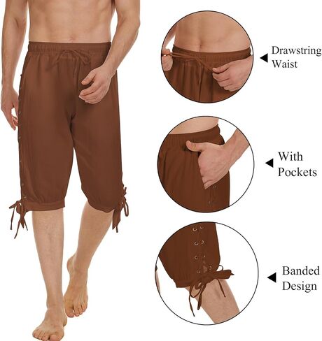 Mens Medieval Pirate Linen Costume Shorts, Renaissance Viking Pants, Halloween Retro Gothic Trousers in Saudi Arabia