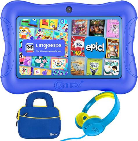 Contixo 7 inch Kids Tablet Bundle, Android Tablet and Kids Wired Headphones, Toddler Tablet with 50+ Disney Storybooks & Stickers, WiFi, 32GB ROM, Learning Tablet for Kids, Purple in Saudi Arabia