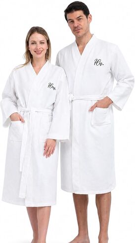 2 Pcs Couple's Cotton Waffle Robes Embroidered Matching Robes for Couples Lightweight Long Bathrobe Couple Gift Unisex Men Women Spa Robes for Home Spa Anniversary Hotel in Kuwait