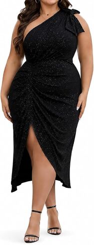 Women's Summer Plus Size Sequin Glitter Dress One Sparkly Shoulder Ruched Wrap Cocktail Party Black Slit Dress in Saudi Arabia