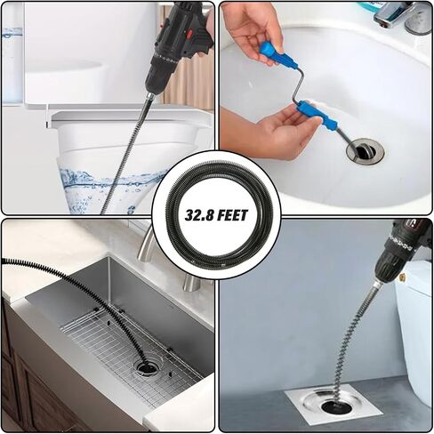 32.8 Feet x 1/2 inch Solid Drain Cleaning Cable with Six Shapes of Cutters, Manually Adapter and Powered Adapter, Steel Flexible Solid Core Sewer Drain Auger Snake Clog Pipe Removal Tool in Saudi Arabia