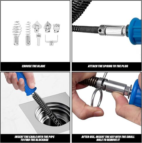 32.8 Feet x 1/2 inch Solid Drain Cleaning Cable with Six Shapes of Cutters, Manually Adapter and Powered Adapter, Steel Flexible Solid Core Sewer Drain Auger Snake Clog Pipe Removal Tool in Saudi Arabia
