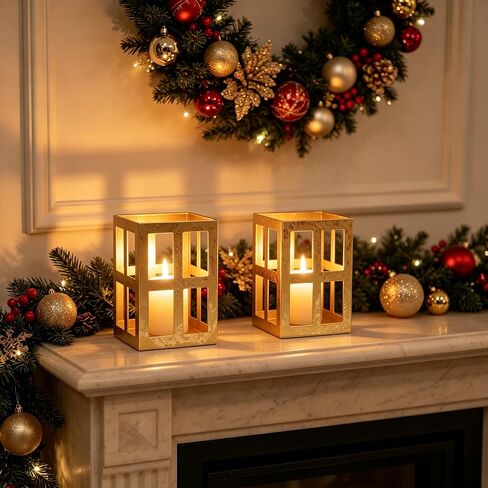 Hosley Iron Lantern Set of 2 - Iron Lantern with Two Free Tealight Candles for Home Decor Items | Candles for Home Decoration | Candle Holders for Home Decor | (Pack of 2, White) in Saudi Arabia
