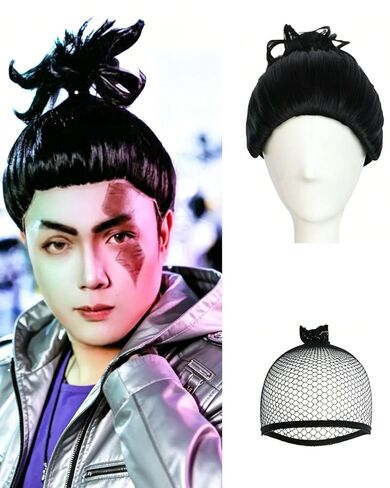 JoneTing Todo Aoi Wig【+Wig Cap】 Men Short Wavy Short Black Prestyled Ponytail Wig Anime Black Topknot Wigs Short Black Cosplay Costume Wig for Halloween Christmas Themwd Party Costume Outfit in Saudi Arabia