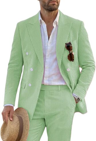Mens Suit Summer Seersucker 2 Piece Double Breasted Buckle Striped Tuxedos for Men Wedding Suits Cotton Beach Party in Saudi Arabia