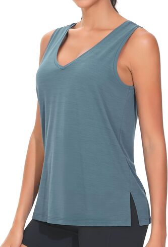 THE GYM PEOPLE Womens V Neck Tank Tops Stretchy Loose Fit Sleeveless Workout Shirts Quick Dry Yoga Tops with Side Split in Saudi Arabia