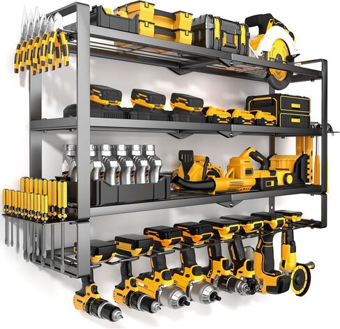MOOMSINE Large Power Tool Organizer Wall Mount, 4-Tier Heavy Duty Metal Storage Rack Loads 400lbs, Battery Tools Hanger with 8 Cordless Drill Holder for Garage, Workshop, Pegboard, Shed in Saudi Arabia
