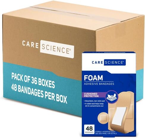 Care Science Foam Adhesive Bandage, 48ct Assorted Sizes | Foam Adhesive Bandages for Wounds, with Long Lasting 8 Hour Protection Wound Covering, Non-Stick Self Adhesive Dressing in Saudi Arabia