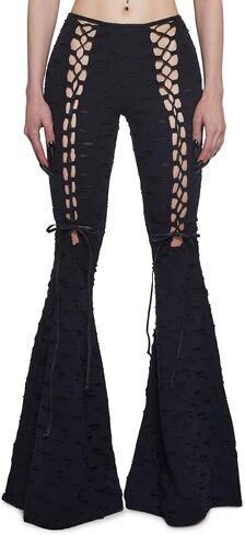 Dolls Kill Beyond The Woods Flare Pants by Widow – Gothic Lace-Up Flared Pants with Shredded Hole Design in Kuwait