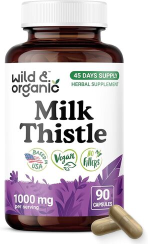 Wild & Organic Milk Thistle Capsules 1000mg - Liver Support Supplement - Silymarin Milk Thistle Powder for Liver Cleanse - 60 Vegan Capsules - 1-Month Supply - No Fillers, Non-GMO in Saudi Arabia