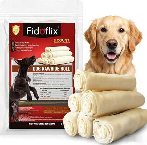 Dog Rawhide Rolls,Long Lasting Rawhide Sticks Rawhide Chews,Natural Beef Hide Dog Treats,5-6 Inch Single Ingredient Dog Rawhide Bones for Midium Large Dogs (6 Pack) in Saudi Arabia