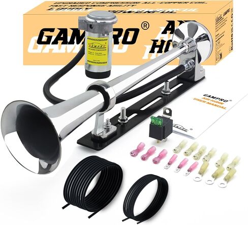 12V 150DB Air Horn with bracket Kit, 18 Inches Chrome Zinc Single Trumpet Truck Air Horn with Compressor and bracket for Any 12V Vehicles Trucks Lorrys Trains Boats Cars (black) in Kuwait