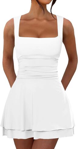 Women's Summer Ruffle Hem Square Neck Mini Dress Ruched Waist Short Party Dresses in Saudi Arabia