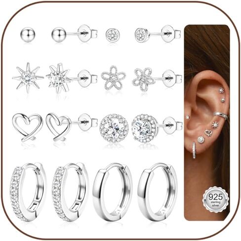 Kakonia 8 Pairs 925 Sterling Silver Hypoallergenic Earrings Set for Multiple Piercing Dainty 14K Gold Plated Stud Huggie Small Hoop Earrings for Women Trendy Cute Earring Stacks for Sensitive Ears in Saudi Arabia