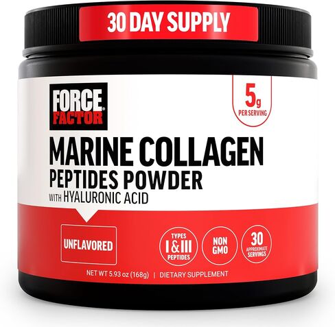 FORCE FACTOR Marine Collagen Powder for Women and Men, Marine Collagen Peptides Type I & III with Hyaluronic Acid to Support Healthy Hair, Skin, Nails, Bones, and Joints, Unflavored, 30 Servings in Saudi Arabia