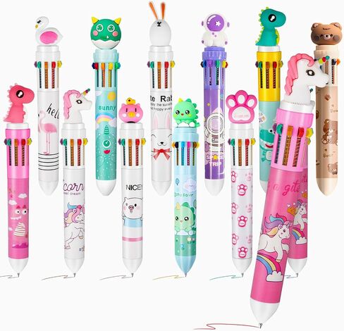Kosiz 12 Pcs Multicolor Pens 10 in 1 Retractable Ballpoint Pens 0.5 mm Animals Ballpoint Pens Christmas Gift for Students Animal Shaped Design Shuttle Pens for School Supplies for Kids in Saudi Arabia