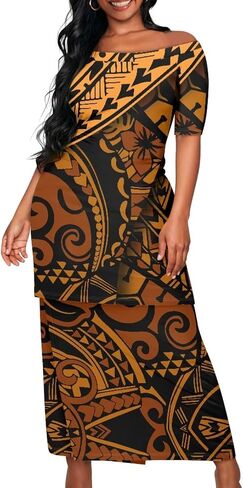 Women's Two Pieces Outfits Polynesian Puletasi Samoan Off Shoulder Crop Top and Maxi Skirt Set in Saudi Arabia