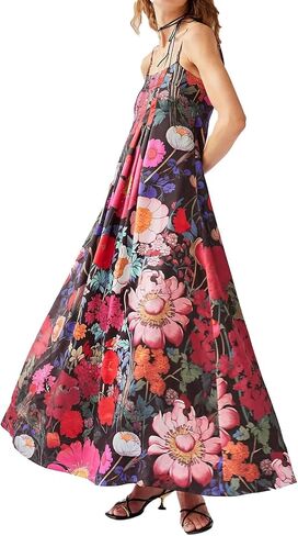 Women Boho Floral Maxi Dress Backless Spaghetti Strap A-Line Flowy Summer Vacation Long Dress in Saudi Arabia