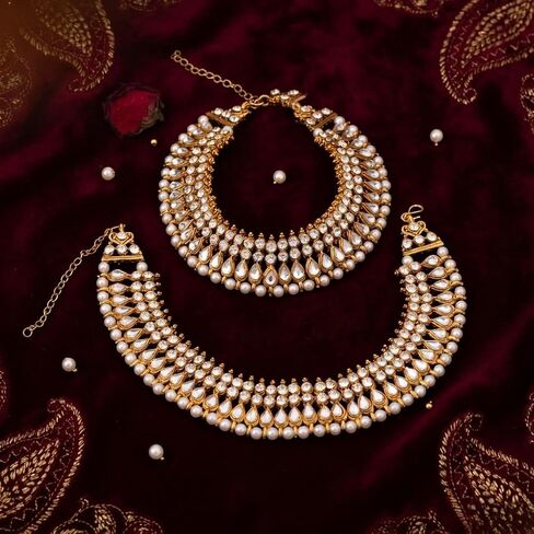 Efulgenz Indian Bridal Gold Tone Anklets for Women Indian Bollywood Anklet Crystal Rhinestone Faux Kundan Pearl Wedding Bridal Anklet Set Bracelet Payal Foot Jewelry in Saudi Arabia