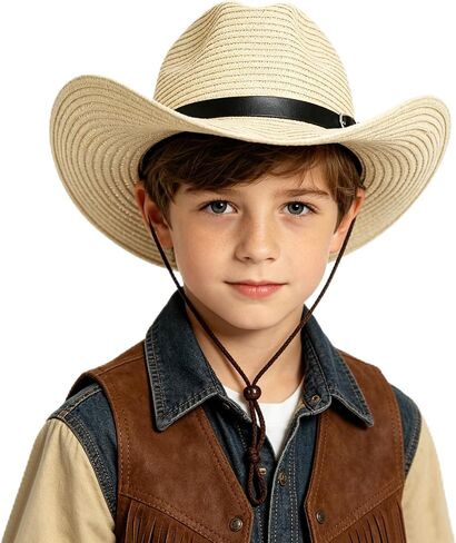 Kids Straw Cowboy Hat - Wide Brim Sun Straw Hat with Leather Band Adjustable Sun Protection Beach Cap for Kid 3-8 Years in Saudi Arabia
