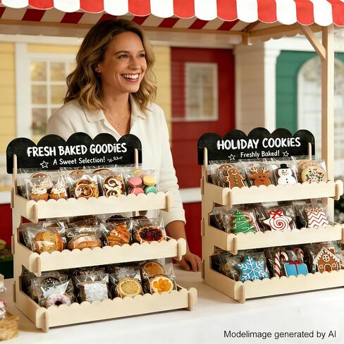Cookie Display Stand for Vendors - Snack Organizer Countertop with Chalkboard Promotions, Tool-Free Easy Assembly, Natural Finish, Perfect for Bakeries, Markets, Events & Small Shops in Saudi Arabia