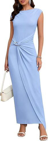 Women's 2025 Summer Ruched Bodycon Maxi Dress Casual Mock Neck Cap Sleeve Elegant Wedding Guest Cocktail Party Dresses in Saudi Arabia