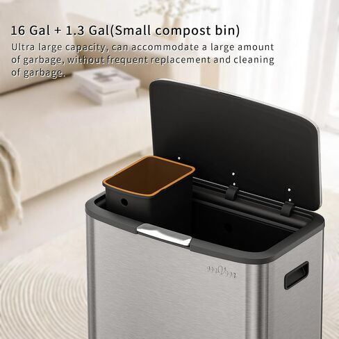 mVm Kitchen Trash Can,16 Gal Large Trash Can +1.3Gal Small Compost bin,Garbage Cans with Lid,Anti-Fingerprint,Easy to Clean,with Inner Bucket Stainless Steel Trash Can for Kitchen,Living Room (Black) in Saudi Arabia