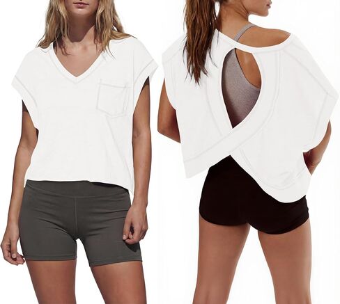 Gacaky Womens V Neck Workout Top Open Back Shirts Oversized Yoga Y2k Athletic Slouchy Running Tee in Kuwait