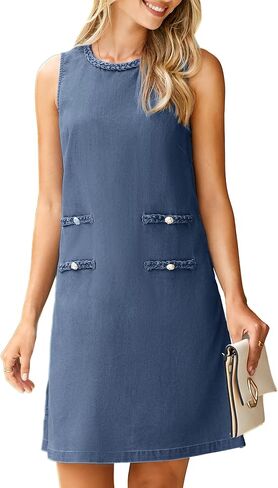 Simplee Womens Denim Dress Summer Sleeveless Casual Mini Dresses Crewneck Western Jean Dress with Pockets in Saudi Arabia