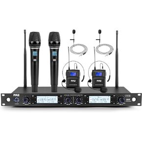 Pyle Wireless Microphone System | 2 Lavaliers, Headsets, Belt Transmitters, and Handheld Mics with 300ft Range | UHF Cordless Mic Set with 4-Channel Receiver | for DJ, Church, Weddings & Meetings in Kuwait