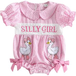 Toddler Baby Girl Romper Goose Doll Collar Stripes Smocked One Silly Goose Birthday Outfit Summer Smash Cake Clothes in Kuwait