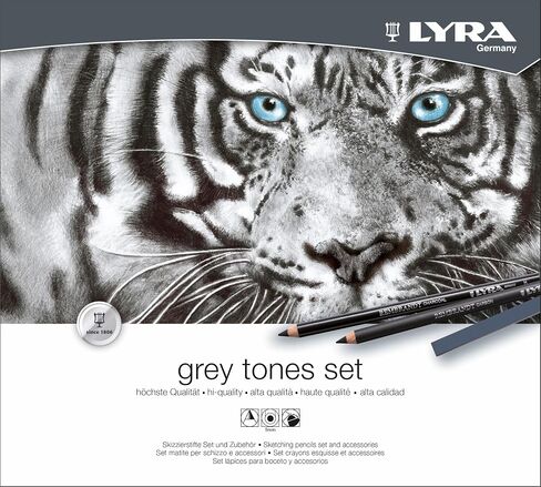 LYRA - Metal Box Grey Shades 9 Assorted Pencils Charcoal Sepia Blood 12 Assorted Painting Crayons and Accessories in Saudi Arabia