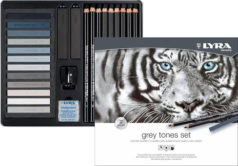 LYRA - Metal Box Grey Shades 9 Assorted Pencils Charcoal Sepia Blood 12 Assorted Painting Crayons and Accessories in Saudi Arabia