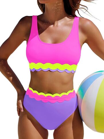 popvil High Waisted Bikini Sets for Women Two Piece Swimsuit Neon Scalloped Trim Bathing Suit for Beach Vacation 2026 in Kuwait