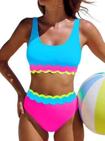 popvil High Waisted Bikini Sets for Women Two Piece Swimsuit Neon Scalloped Trim Bathing Suit for Beach Vacation 2026 in Saudi Arabia