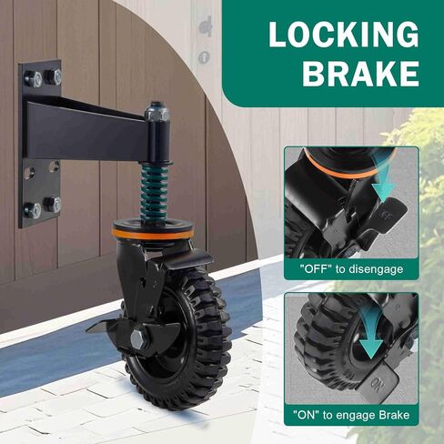 2 Pack 6 Inch Gate Wheel with Brake ， Heavy Duty Fence Wheel 360° Swivel, Spring Shock Absorption, 1000LB Capacity, All-Terrain Rubber Tire & Metal Bracket for Sliding Farm Garden Gates in Saudi Arabia