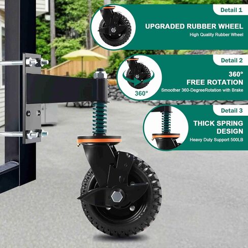 2 Pack 6 Inch Gate Wheel with Brake ， Heavy Duty Fence Wheel 360° Swivel, Spring Shock Absorption, 1000LB Capacity, All-Terrain Rubber Tire & Metal Bracket for Sliding Farm Garden Gates in Saudi Arabia