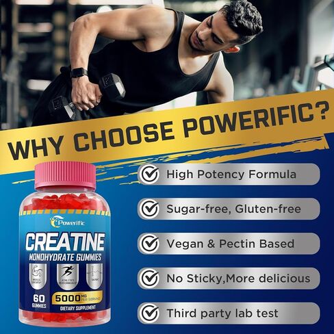 Creatine Monohydrate Gummies, Creatine for Women & Men, Pre Workout Creatine Monohydrate Gummies with Taurine, Vitamin B6 & B12 for Muscle, Strength, Energy, Endurance, Vegan, Organic, 60 Count in Saudi Arabia