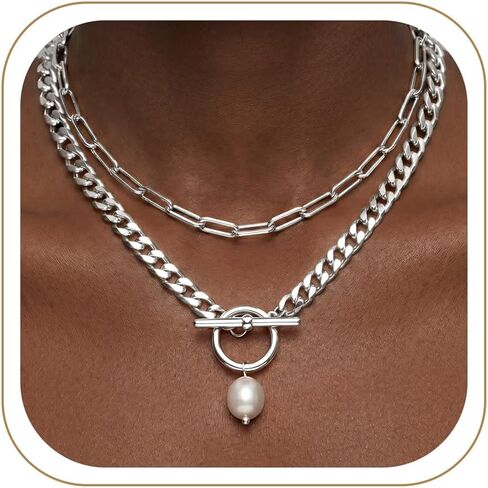 Chunky Gold Necklaces for Women Layered 14k Gold Silver Plated Heart Pearl Pendant Choker Necklace Trendy Dainty Stacked Paperclip Cuban Chain Simple Jewelry Valentine's Day Gifts Set in Saudi Arabia