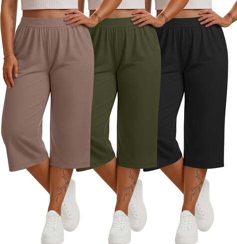Huukeay 3 Pack Women's Plus Size Capri Pants, Cotton Wide Leg Capris Sweatpants Summer Loose Cropped Yoga Pants with Pockets in Saudi Arabia