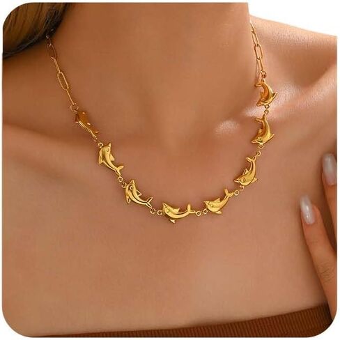 Beach Charm Necklace for Women Dainty 18K Gold Plated Paperclip Chain Sea Shell Starfish Dolphin Choker Necklace Boho Ocean Summer Jewelry Gifts in Saudi Arabia